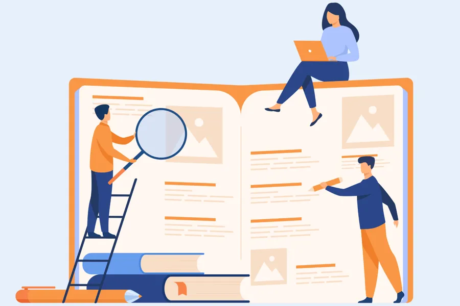 Dekorativt bilde. Illustrasjon av en stor bok og tre personer som interagerer med den på ulike måter