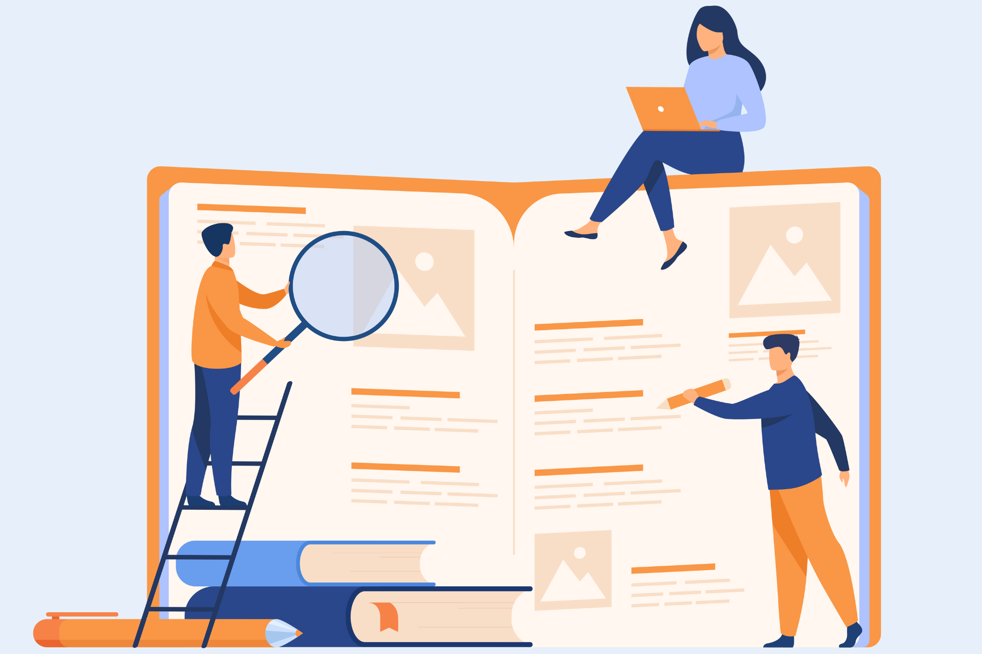 Dekorativt bilde. Illustrasjon av en stor bok og tre personer som interagerer med den på ulike måter