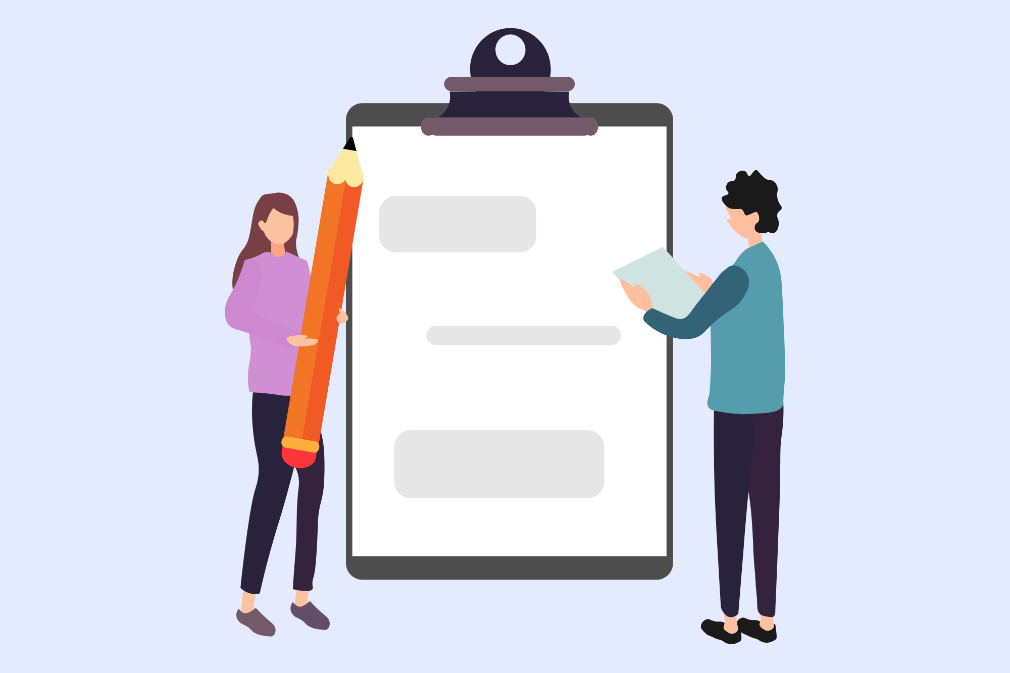 Illustrasjon av en dame med en stor blyant og en mann med et ark foran en stor skriveplate