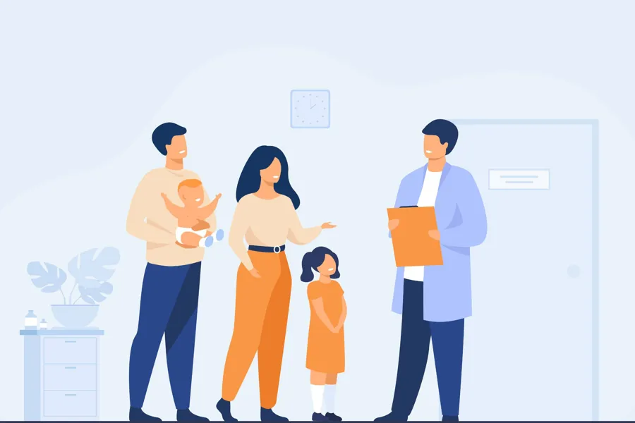 Illustrasjon av en familie på fire hos legen