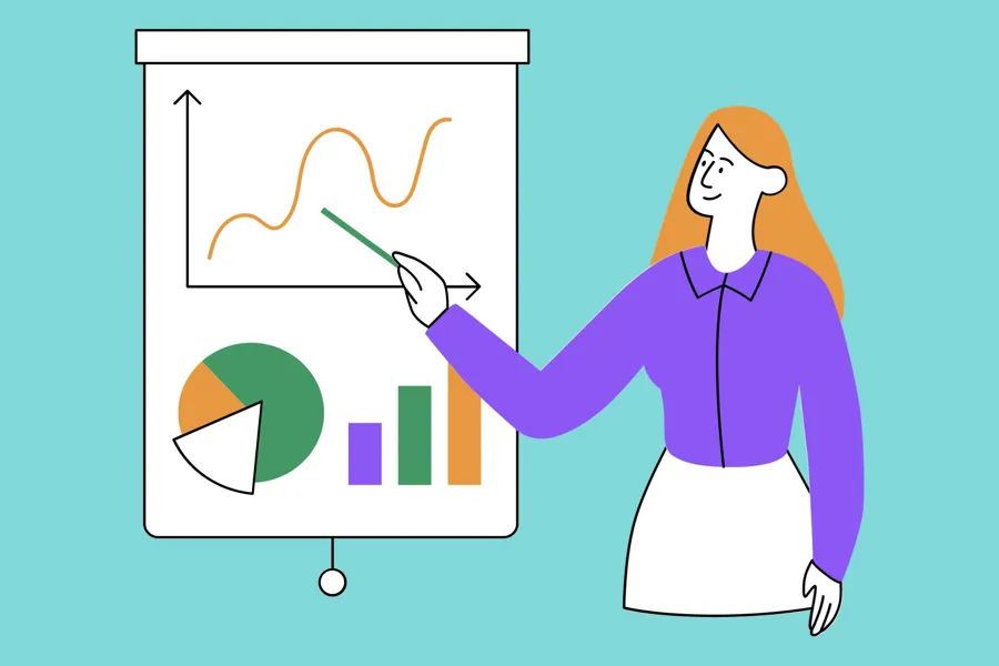 Illustrasjon av en dame som viser til noe på en tavle