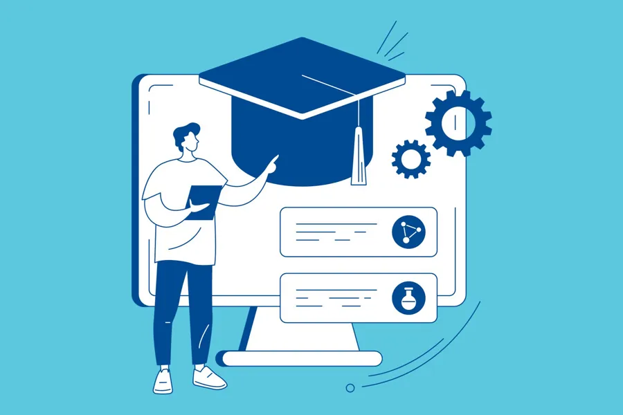 Illustrasjon av en person som peker på en skjerm med et kurs